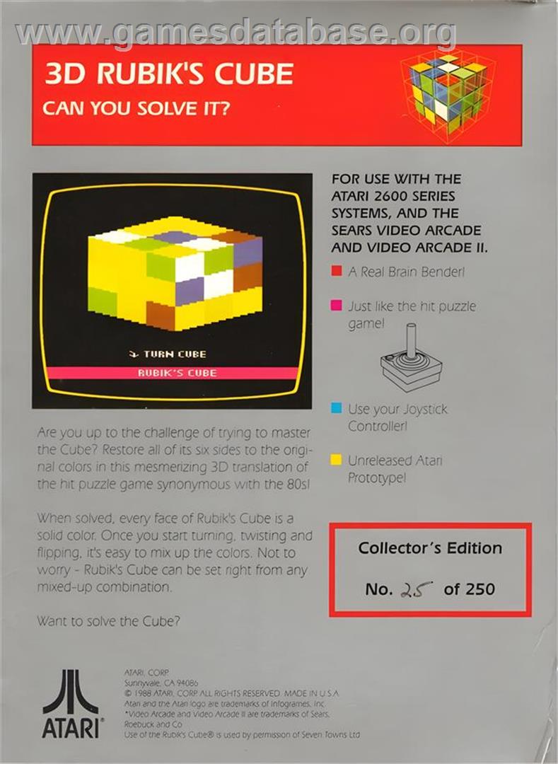 Rubik's Cube 3d - Atari 2600 - Artwork - Box Back