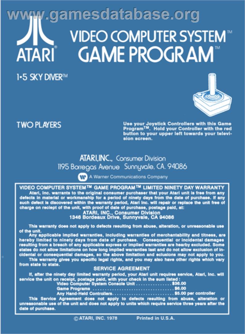 Sky Diver - Atari 2600 - Artwork - Box Back
