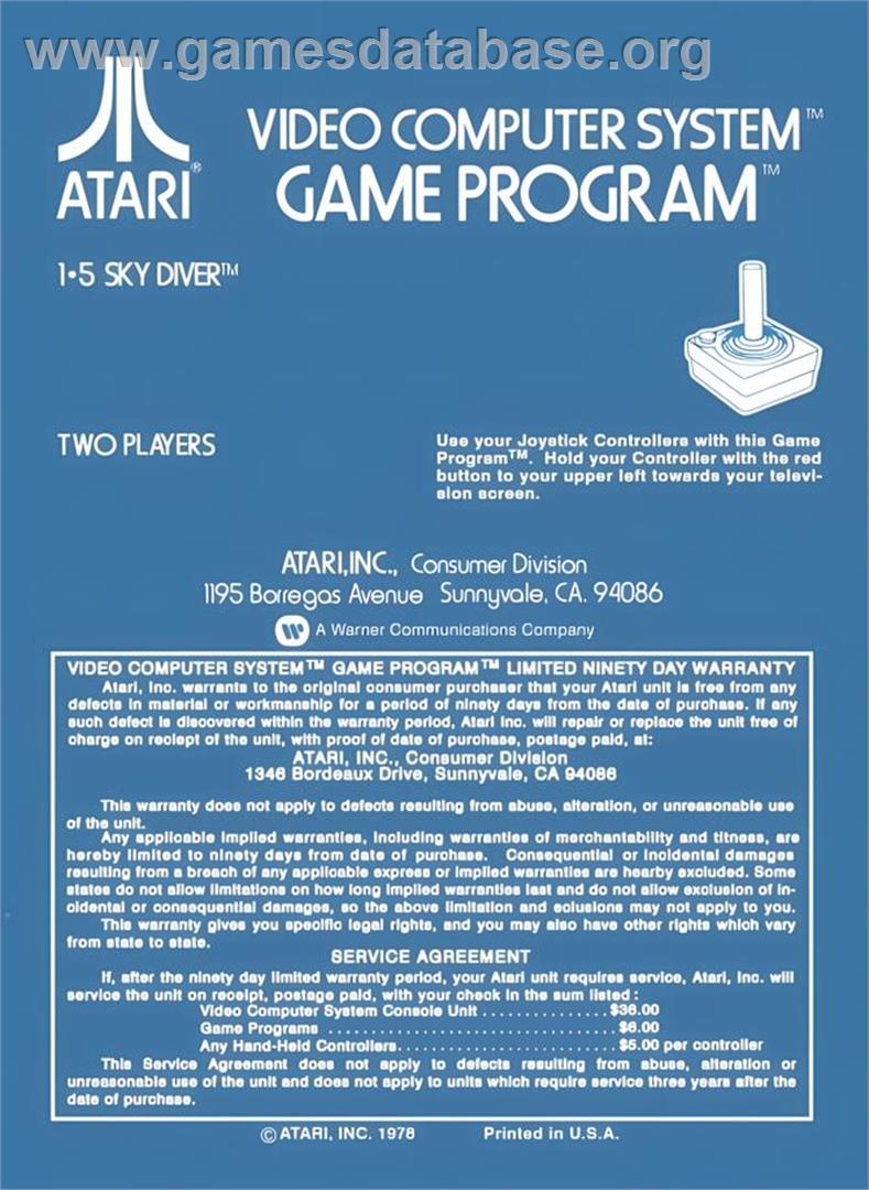 Sky Diver - Atari 2600 - Artwork - Box Back
