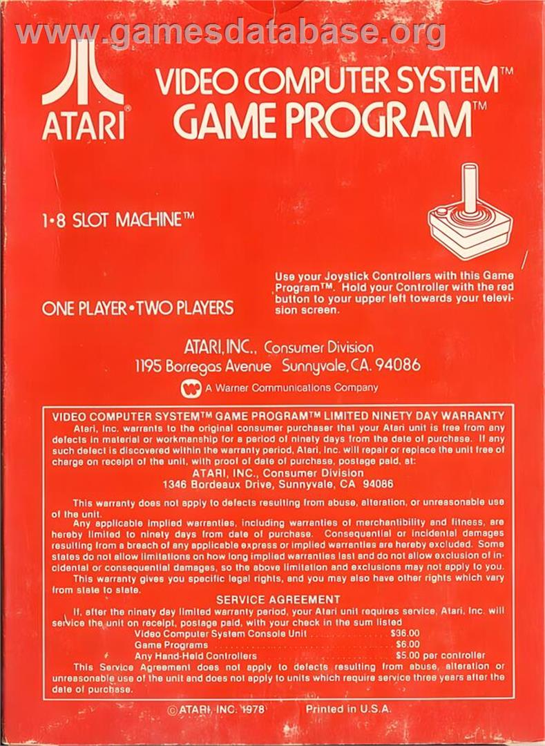 Slot Machine - Atari 2600 - Artwork - Box Back