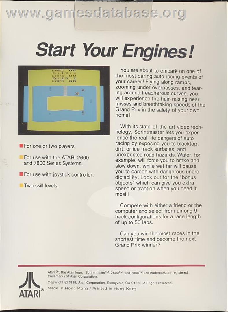 Sprint Master - Atari 2600 - Artwork - Box Back