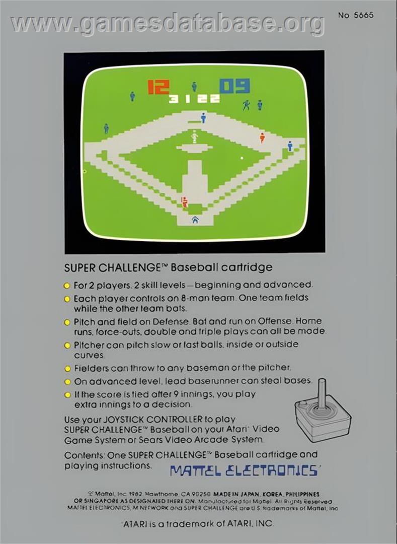 Super Challenge Baseball - Atari 2600 - Artwork - Box Back