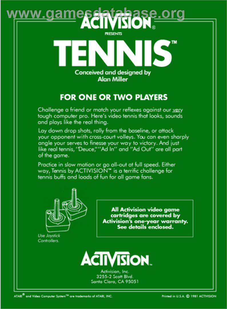 Tennis - Atari 2600 - Artwork - Box Back
