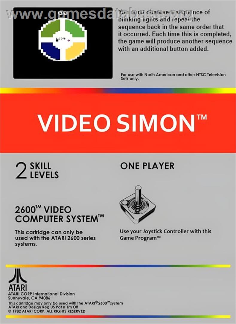 Video Simon - Atari 2600 - Artwork - Box Back