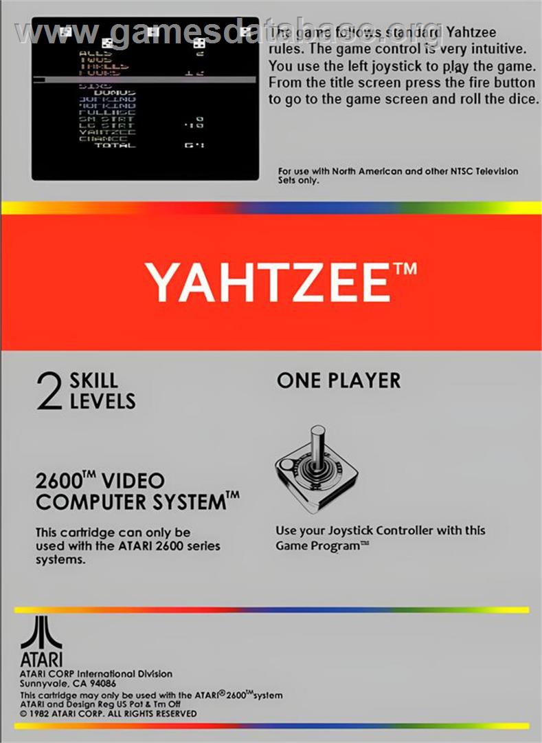 Yahtzee - Atari 2600 - Artwork - Box Back