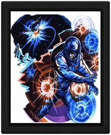 Cartridge artwork for Cosmic Invaders on the Atari 2600.