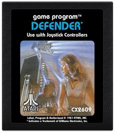 Cartridge artwork for Defender on the Atari 2600.
