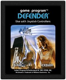 Cartridge artwork for Defender on the Atari 2600.