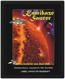 Cartridge artwork for Kamikaze Saucers on the Atari 2600.
