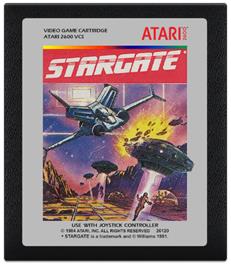 Cartridge artwork for Stargate on the Atari 2600.