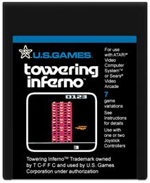 Cartridge artwork for Towering Inferno on the Atari 2600.