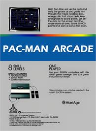 Box back cover for Pac-Man Arcade (Atari 8bit conversion) on the Atari 5200.