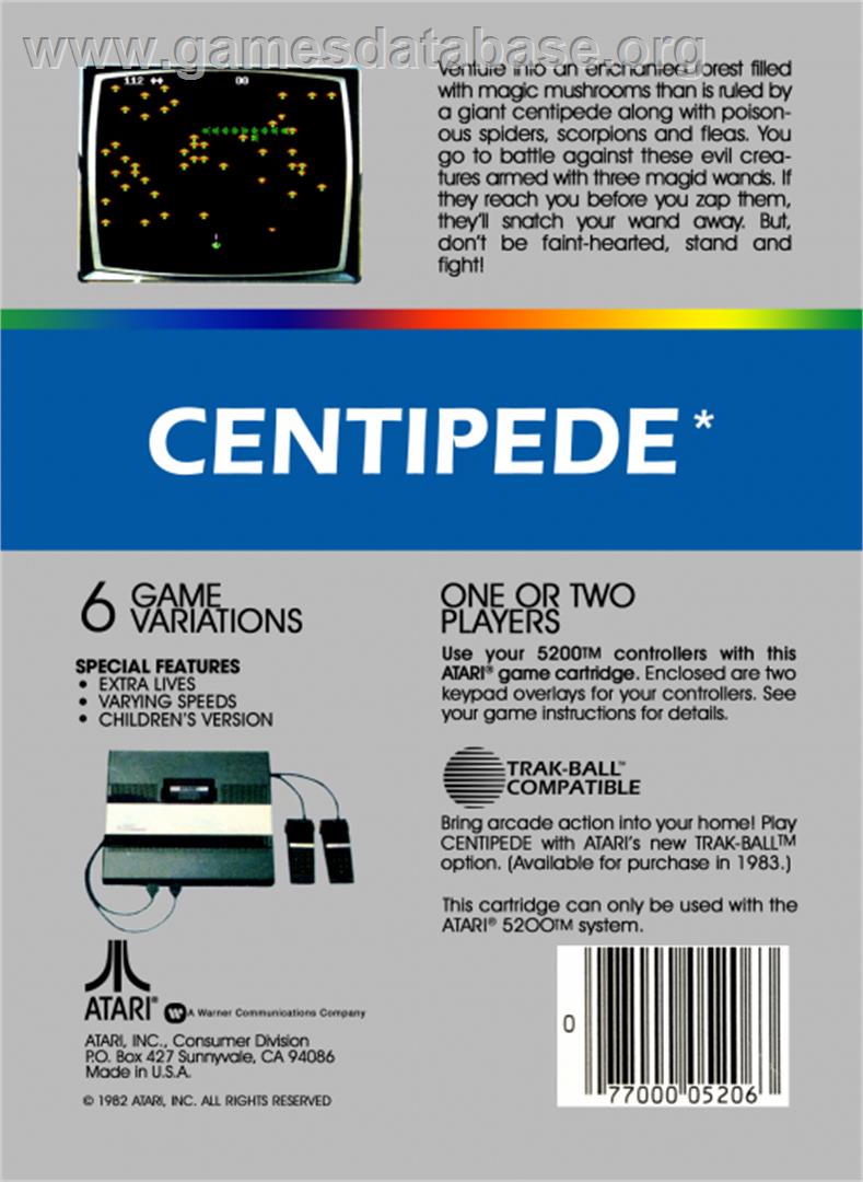 Centipede - Atari 5200 - Artwork - Box Back