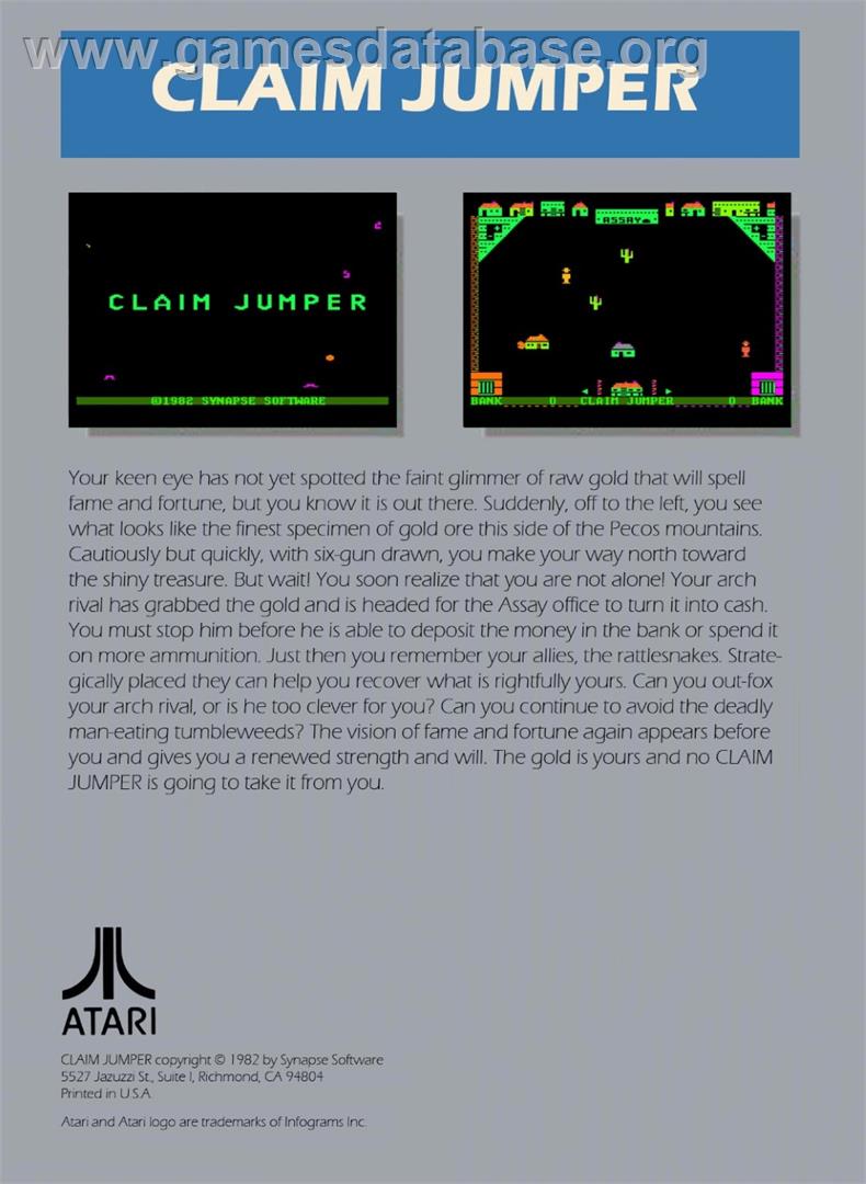 Claim Jumper - Atari 5200 - Artwork - Box Back