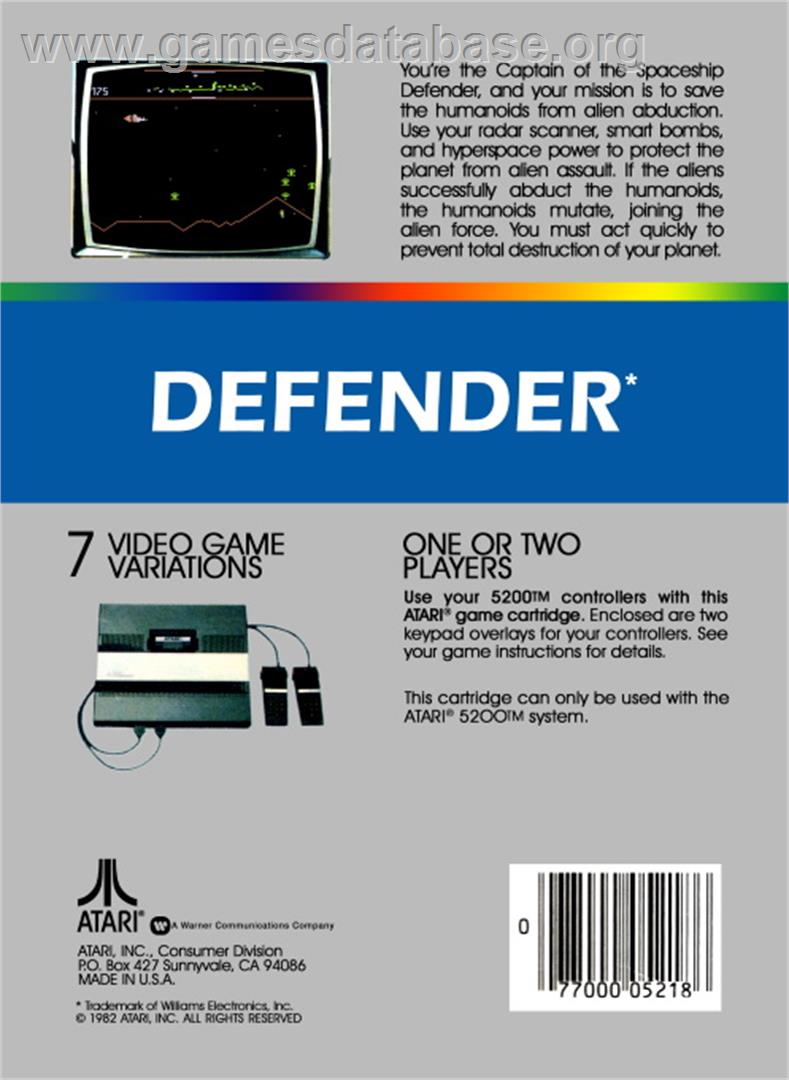Defender - Atari 5200 - Artwork - Box Back