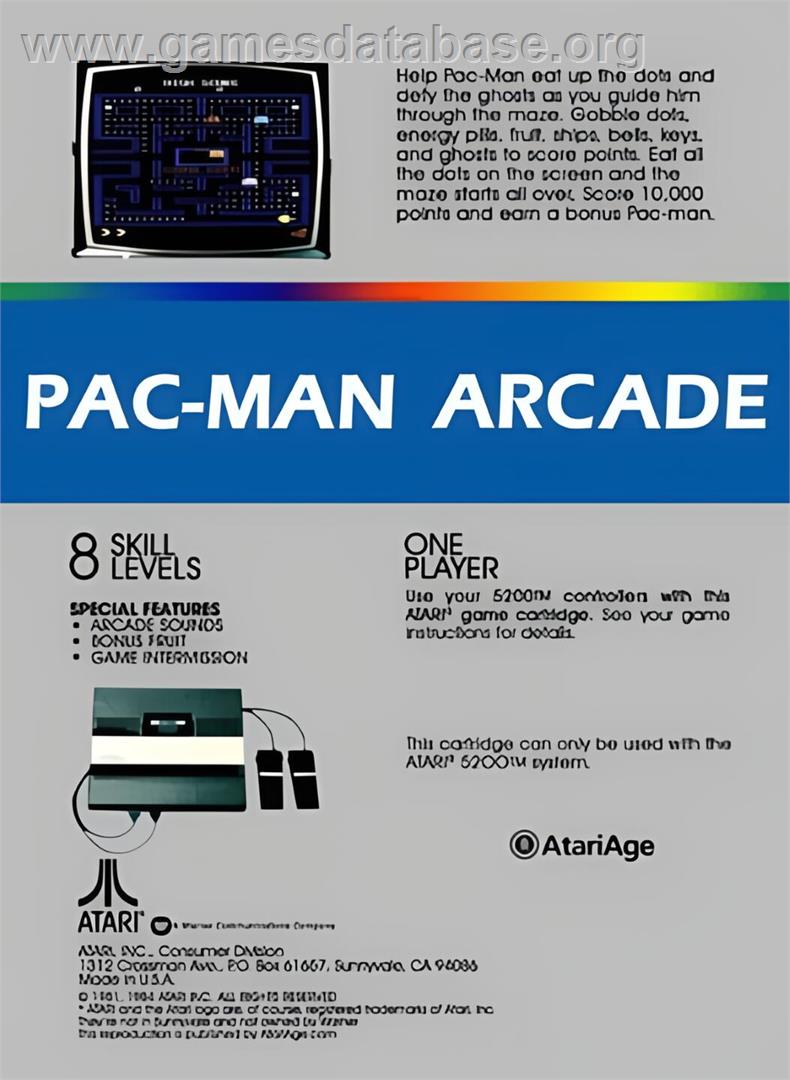 Pac-Man Arcade (Atari 8bit conversion) - Atari 5200 - Artwork - Box Back