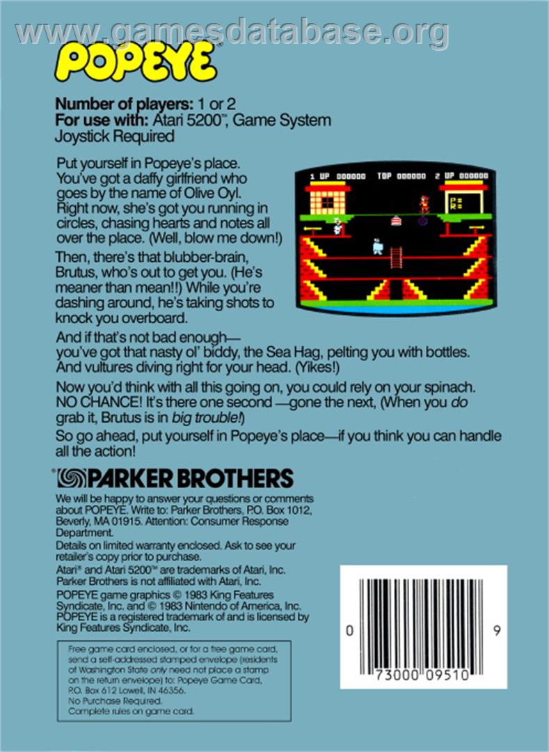 Popeye - Atari 5200 - Artwork - Box Back