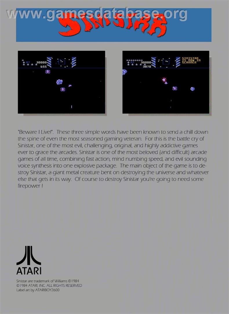 Sinistar (Atari 8bit conversion) - Atari 5200 - Artwork - Box Back