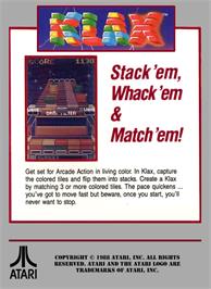 Box back cover for Klax on the Atari 7800.