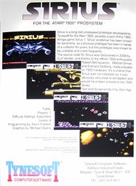 Box back cover for Sirius on the Atari 7800.