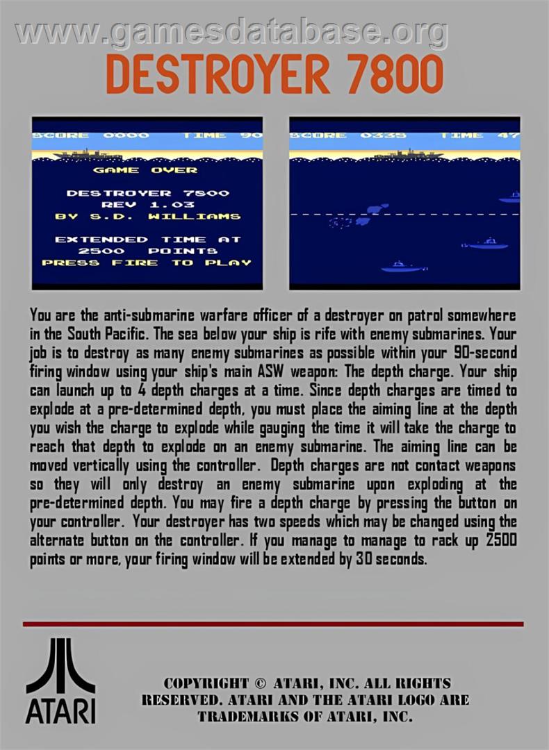 Destroyer 7800 - Atari 7800 - Artwork - Box Back