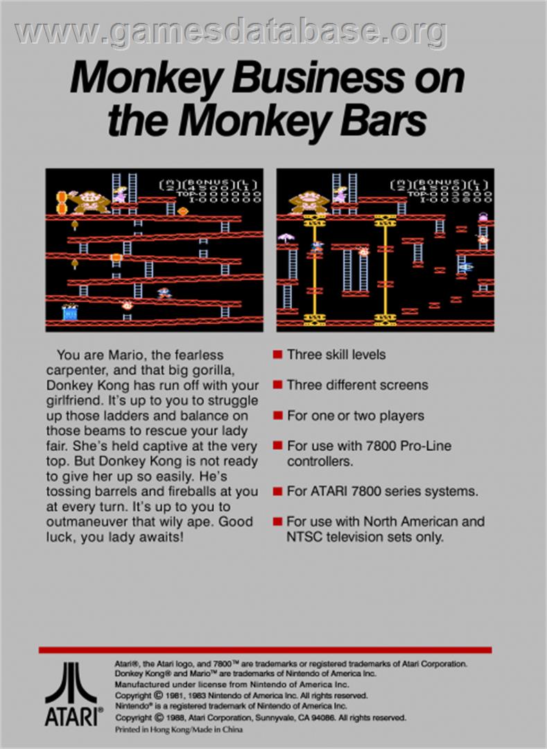 Donkey Kong - Atari 7800 - Artwork - Box Back