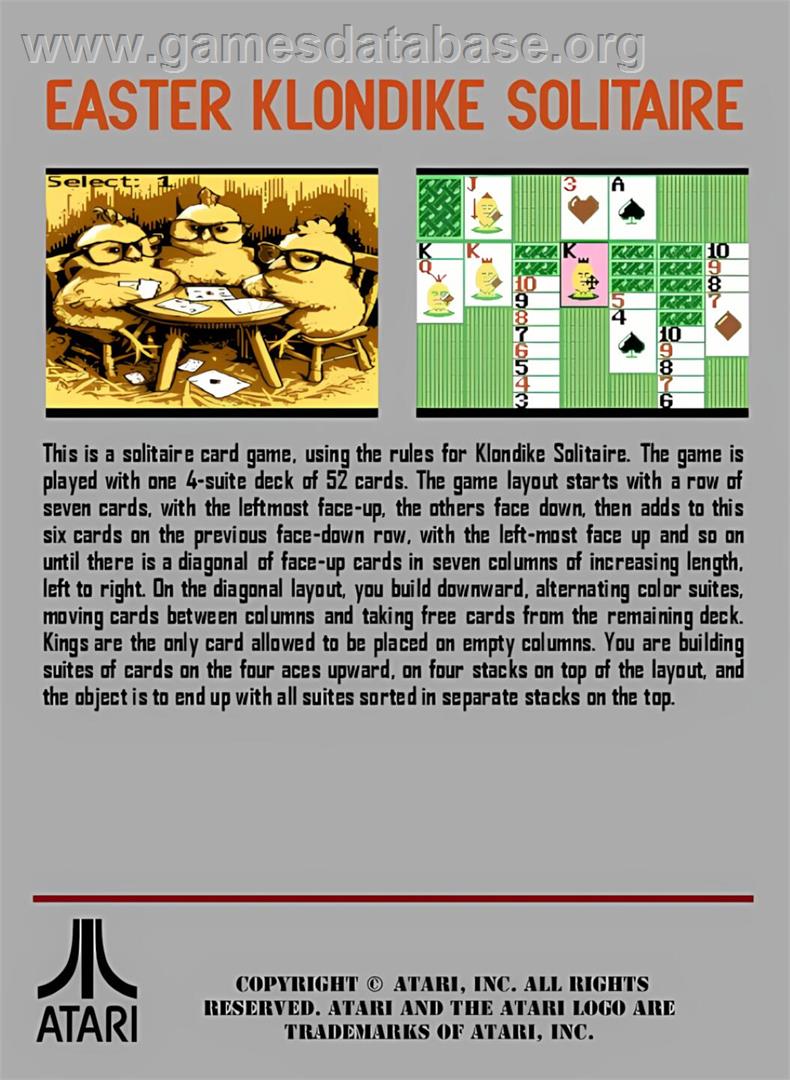 Easter Klondike Solitaire - Atari 7800 - Artwork - Box Back
