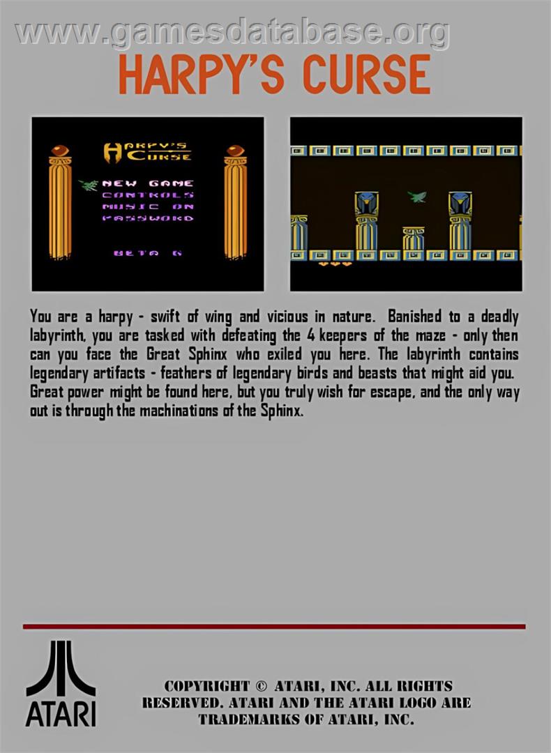 Harpy's Curse - Atari 7800 - Artwork - Box Back