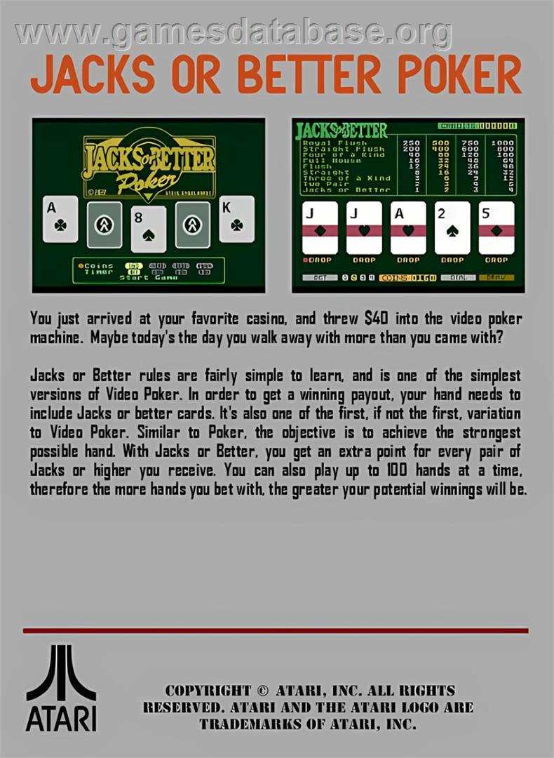 Jacks Or Better Poker - Atari 7800 - Artwork - Box Back