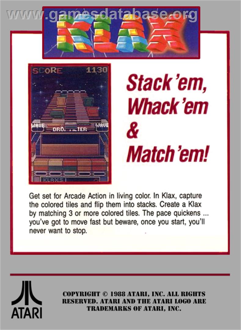 Klax - Atari 7800 - Artwork - Box Back