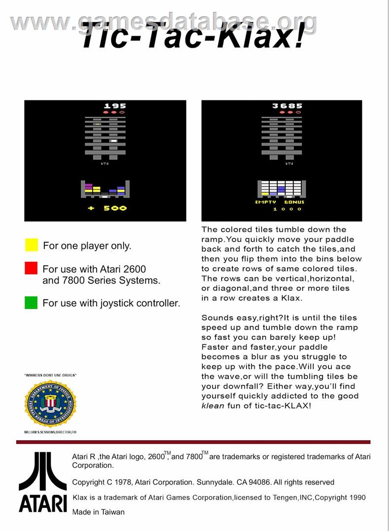 Klax - Atari 7800 - Artwork - Box Back