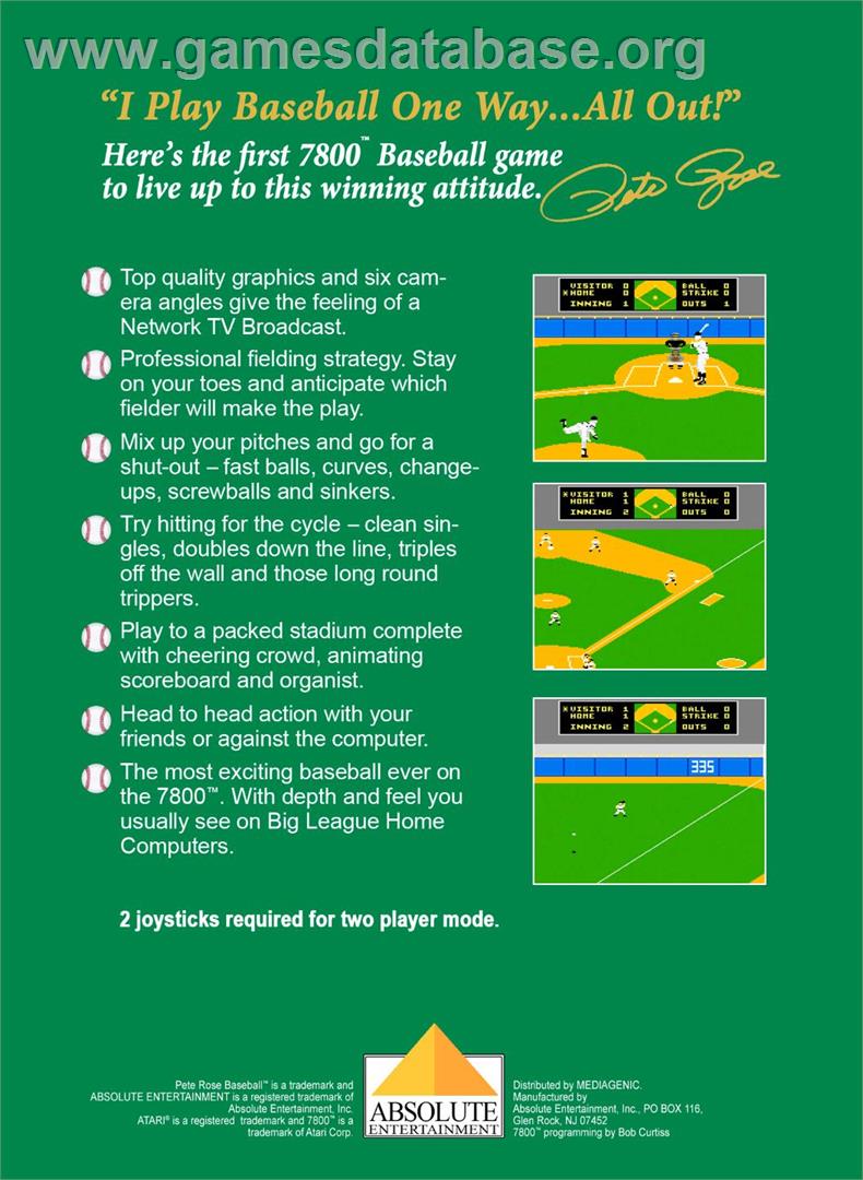 Pete Rose Baseball - Atari 7800 - Artwork - Box Back