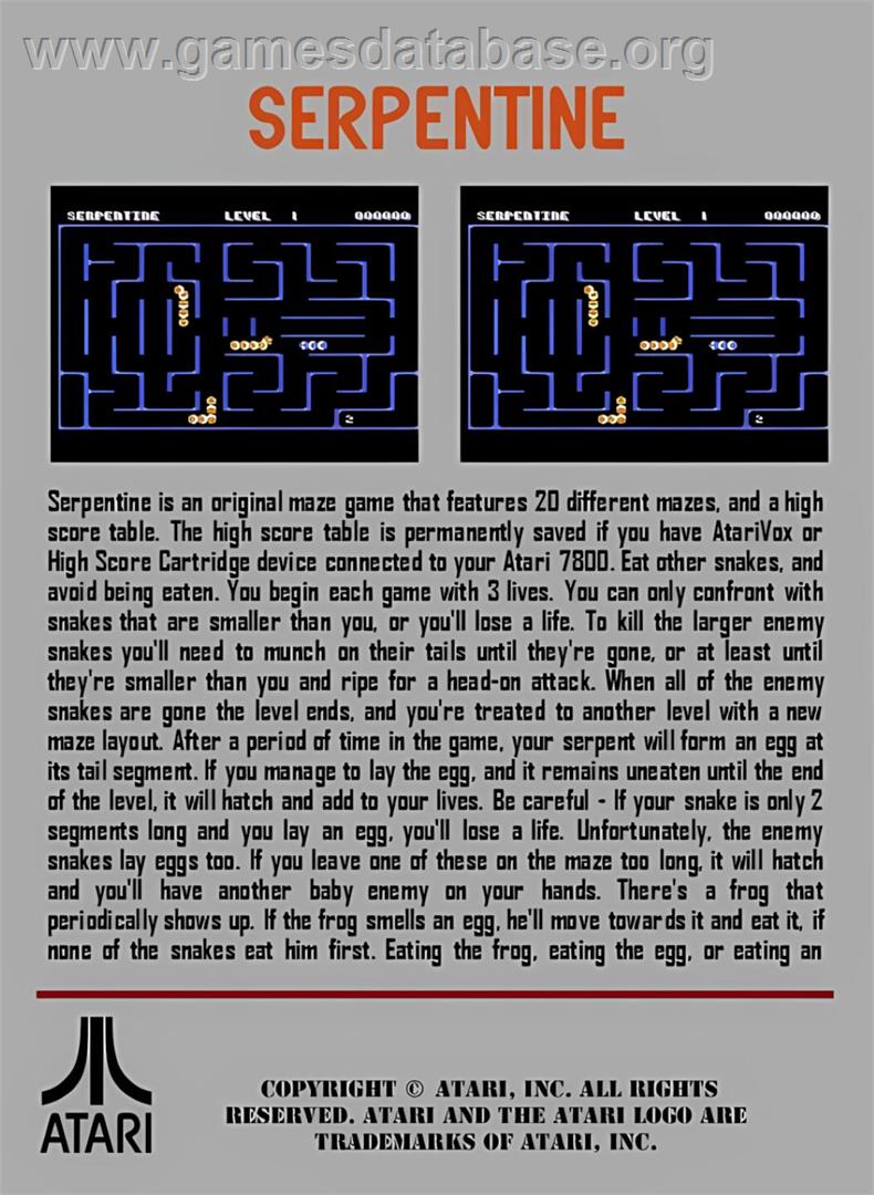 Serpentine - Atari 7800 - Artwork - Box Back