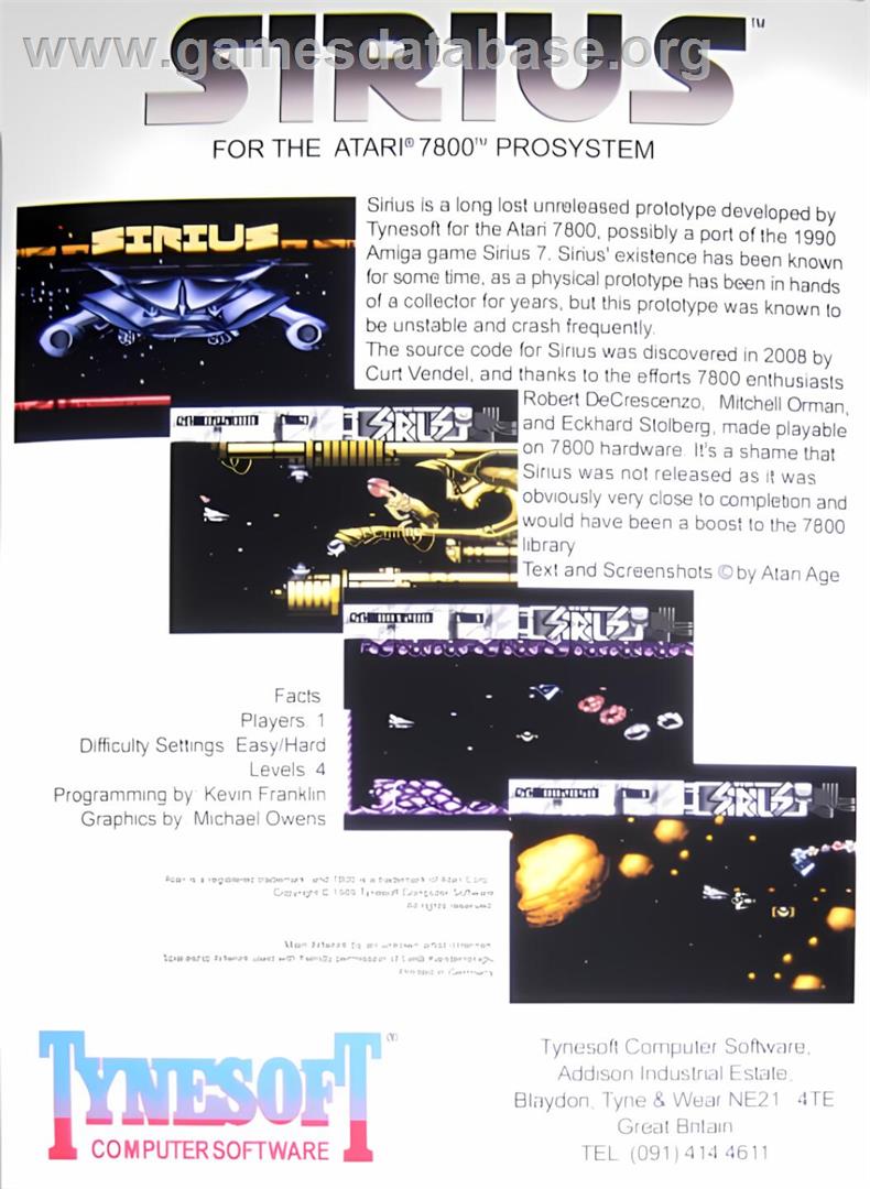 Sirius - Atari 7800 - Artwork - Box Back