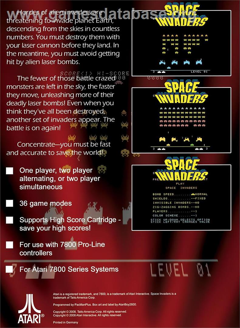 Space Invaders 7800 - Atari 7800 - Artwork - Box Back