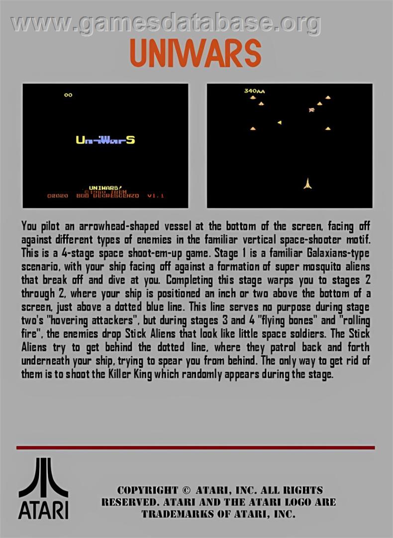 UniWarS - Atari 7800 - Artwork - Box Back