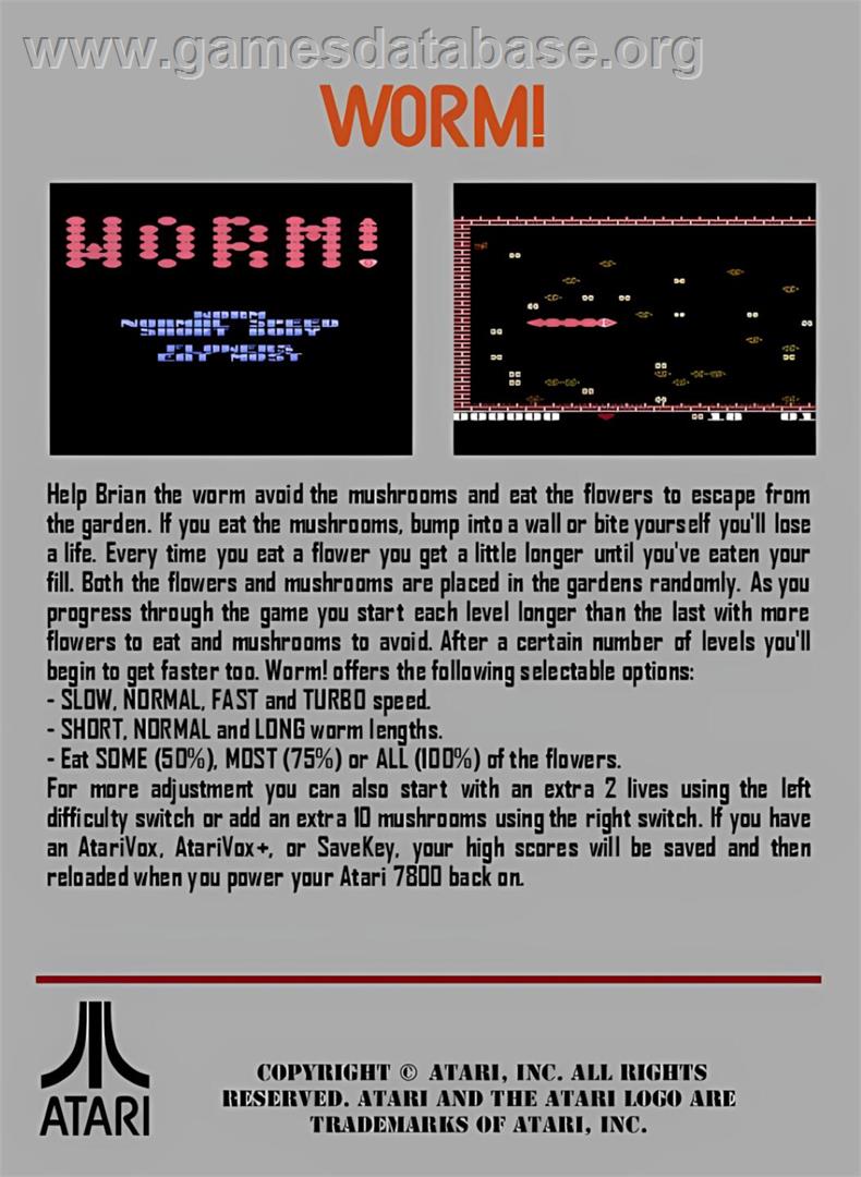 Worm! - Atari 7800 - Artwork - Box Back