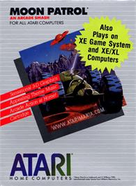 Box cover for Moon Patrol on the Atari 8-bit.