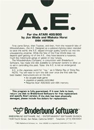 Box back cover for A.E. on the Atari 8-bit.
