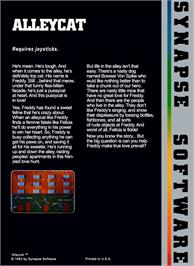 Box back cover for Alley Cat on the Atari 8-bit.