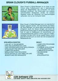 Box back cover for Brian Clough's Football Fortunes on the Atari 8-bit.