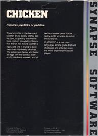 Box back cover for Chicken on the Atari 8-bit.