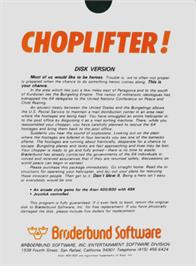 Box back cover for Choplifter! on the Atari 8-bit.