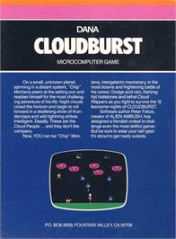 Box back cover for Cloudburst on the Atari 8-bit.
