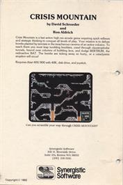 Box back cover for Crisis Mountain on the Atari 8-bit.