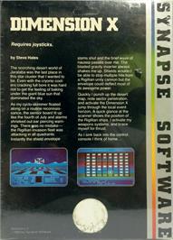 Box back cover for Dimension X on the Atari 8-bit.