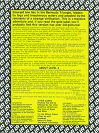 Box back cover for Emerald Isle on the Atari 8-bit.
