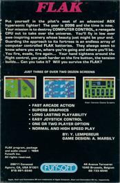 Box back cover for Flak on the Atari 8-bit.