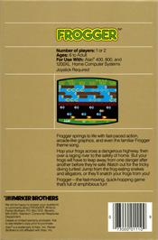 Box back cover for Frogger (Parker Brothers) on the Atari 8-bit.