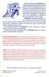 Box back cover for Hockey on the Atari 8-bit.